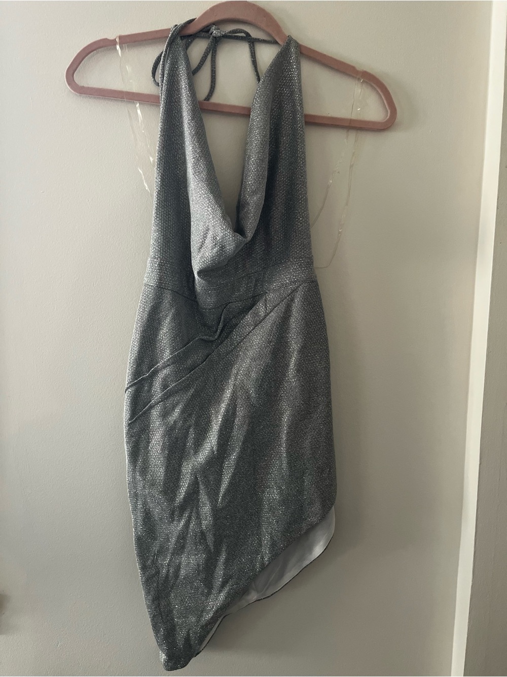 Fashion Nova Metallic Silver Backless Halter Asymmetrical Dress